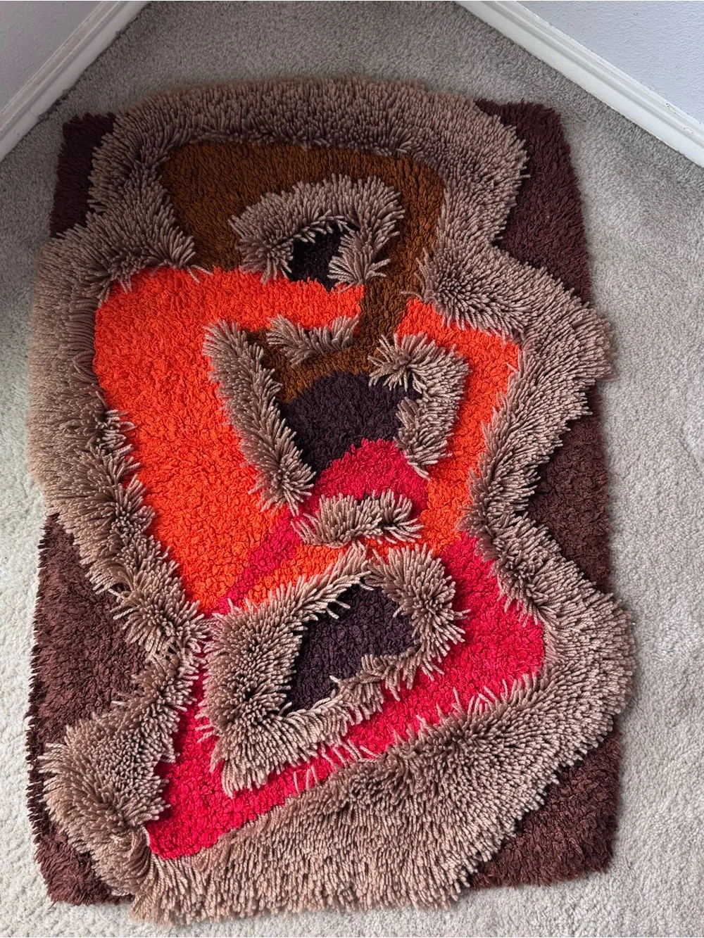 VTG Scandinavian Style Rya Shag Pile Rug Abstract Geometric Art Deco Design 70’s